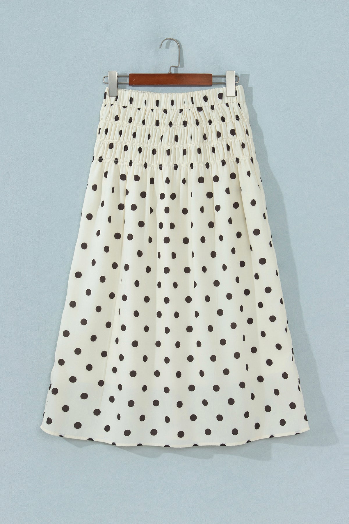 Beige Stripe Polka Dot Print Smocked High Waist Long Skirt
