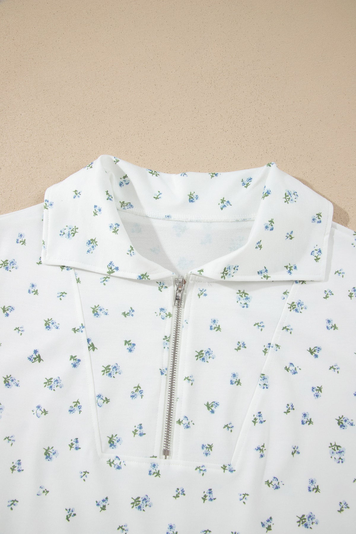 White Floral Print Half Zip Top Matching Short Set