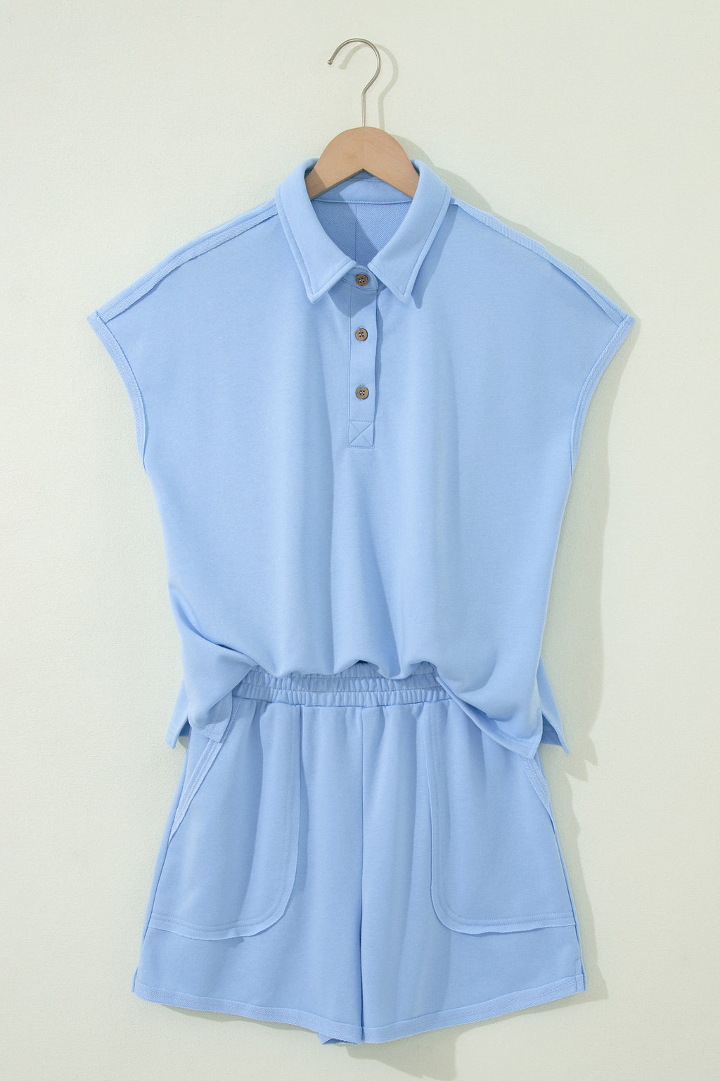 Light Green Loose Polo Tee Elastic Waist 2pcs Short Set