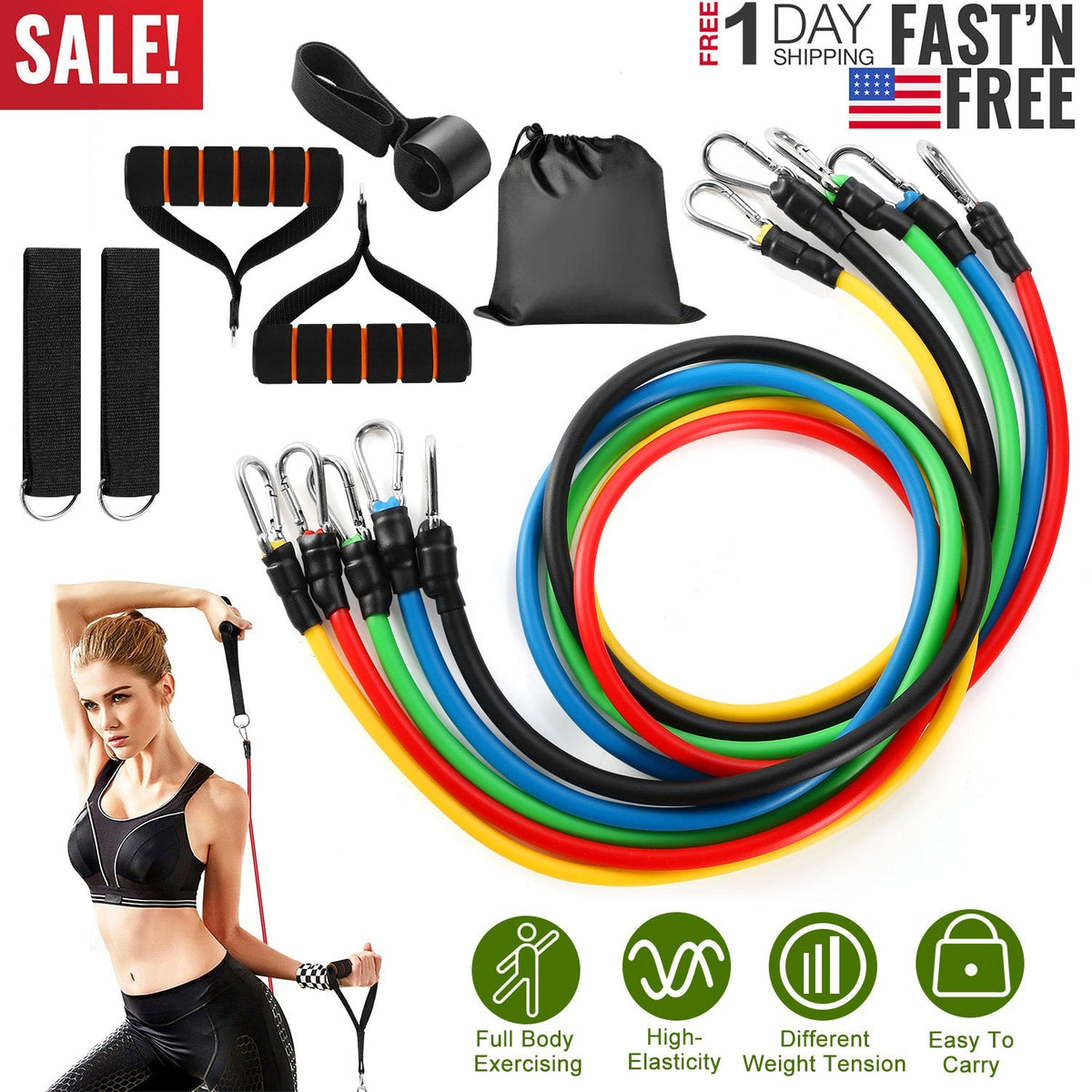 11Pcs Resistance Bands Set Fitness Workout Tubes Exercise Tube Bands Up to 100lbs w/ Door Anchor Handles Ankle Straps for Physical Training Yoga Pilat