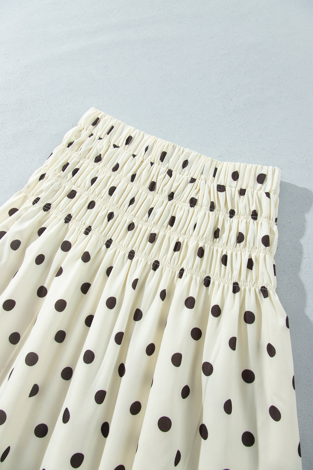 Beige Stripe Polka Dot Print Smocked High Waist Long Skirt