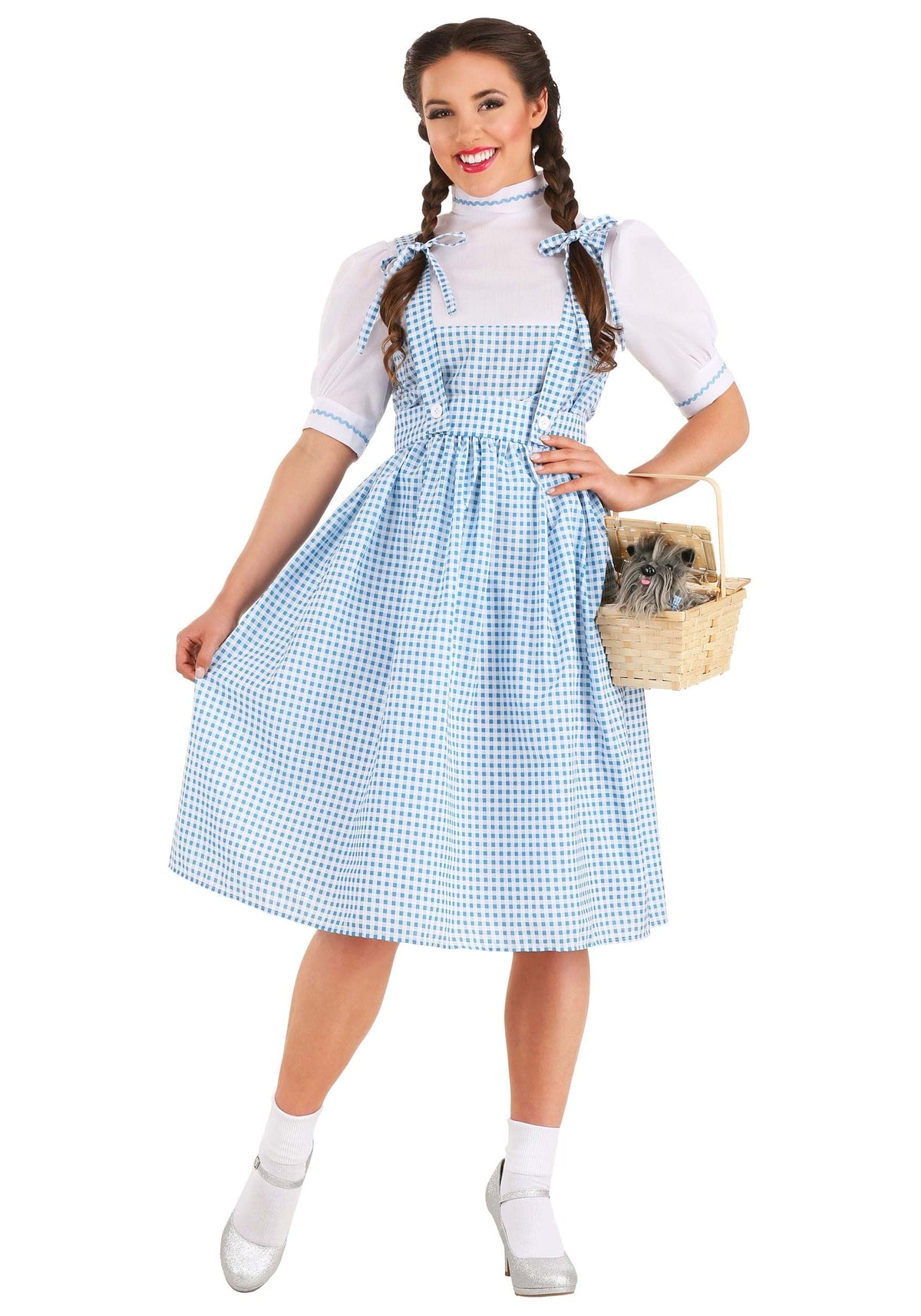 Dorothy Costume - Women's Blue Gingham Dress with White Blouse and Hair Ribbons