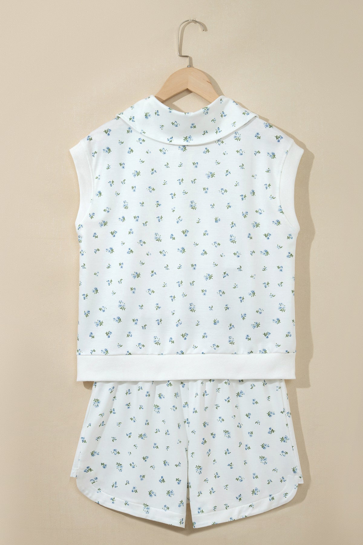 White Floral Print Half Zip Top Matching Short Set
