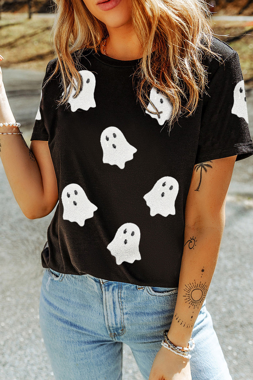 Black Sequin Halloween Ghost Patched Casual T Shirt