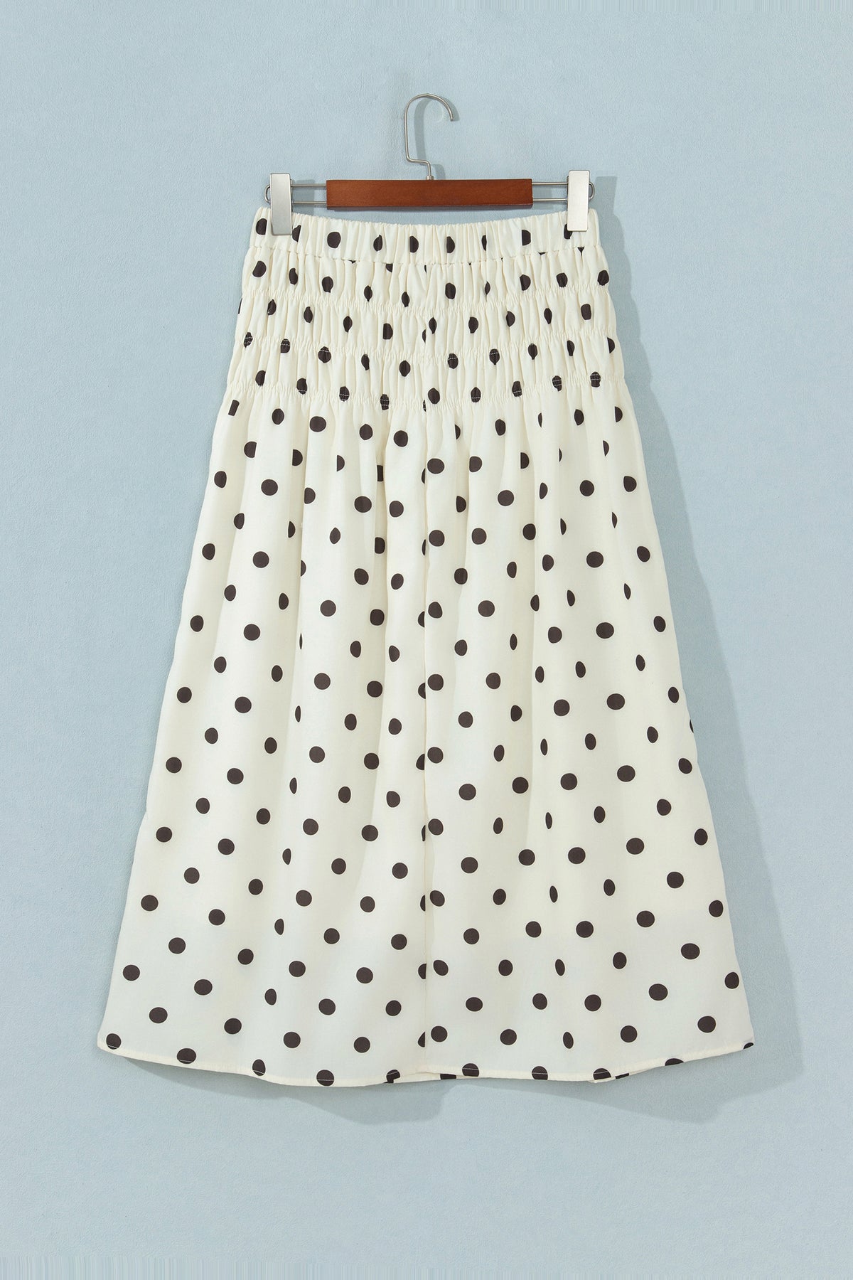 Beige Stripe Polka Dot Print Smocked High Waist Long Skirt