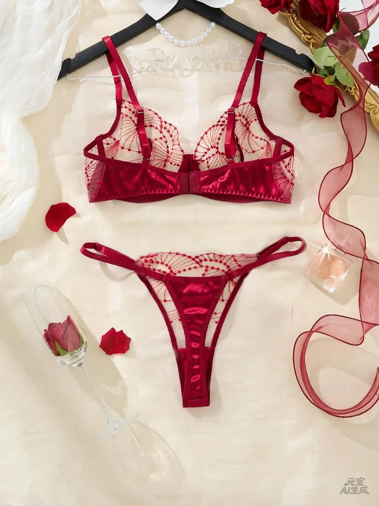 Sexy Red Floral Embroidery Lace Bra Thong Set Women Sheer Mesh Satin Trim 2‑Piece Intimate Lingerie Underwear Sleepwear ZA825287