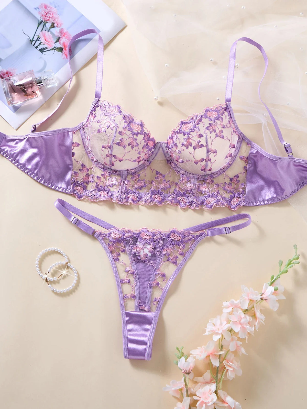 Women Purple Floral Embroidery Lace Lingerie Set Satin Sheer Mesh Bra Thong 2‑Pieces Intimate Underwear ZA825246