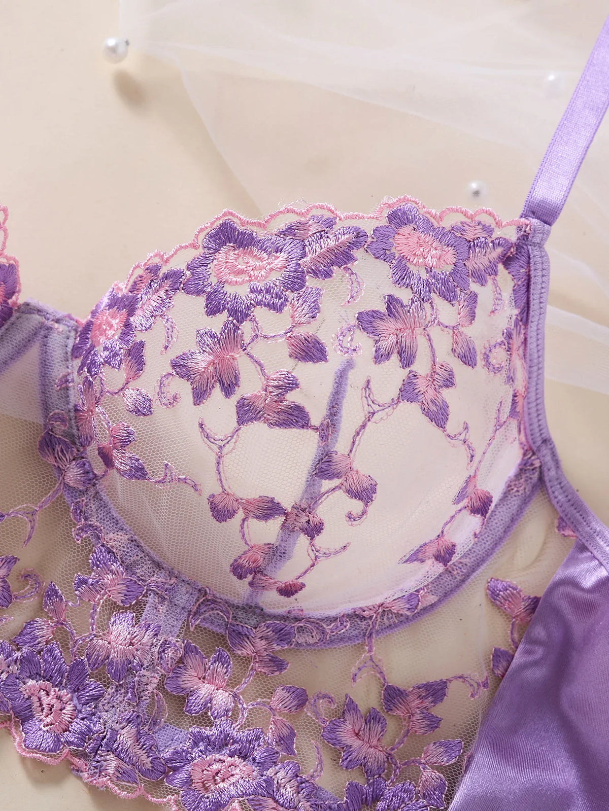 Women Purple Floral Embroidery Lace Lingerie Set Satin Sheer Mesh Bra Thong 2‑Pieces Intimate Underwear ZA825246