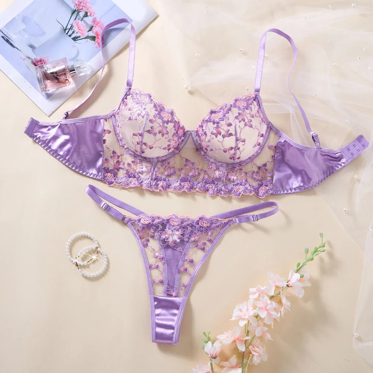 Women Purple Floral Embroidery Lace Lingerie Set Satin Sheer Mesh Bra Thong 2‑Pieces Intimate Underwear ZA825246