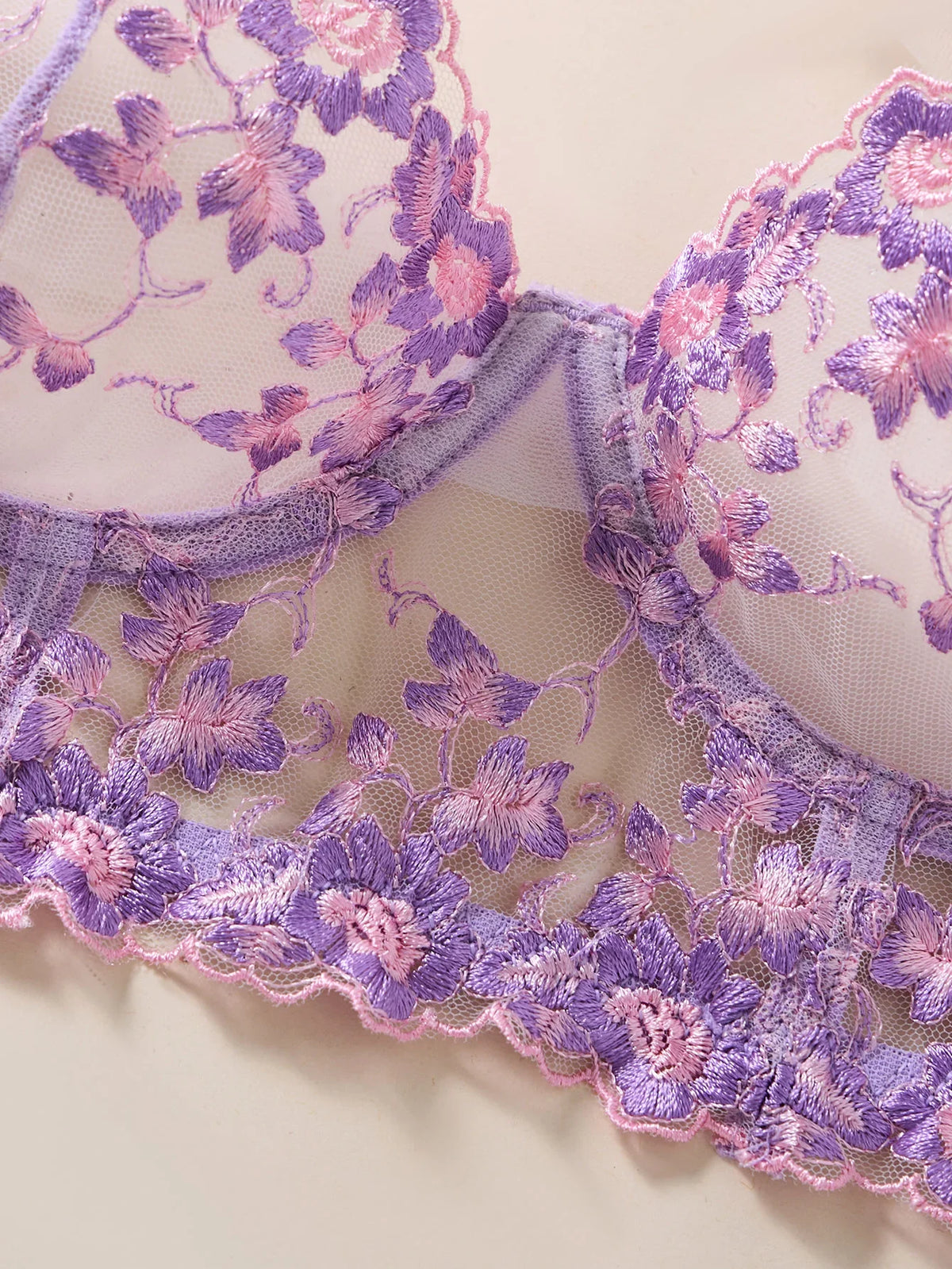 Women Purple Floral Embroidery Lace Lingerie Set Satin Sheer Mesh Bra Thong 2‑Pieces Intimate Underwear ZA825246