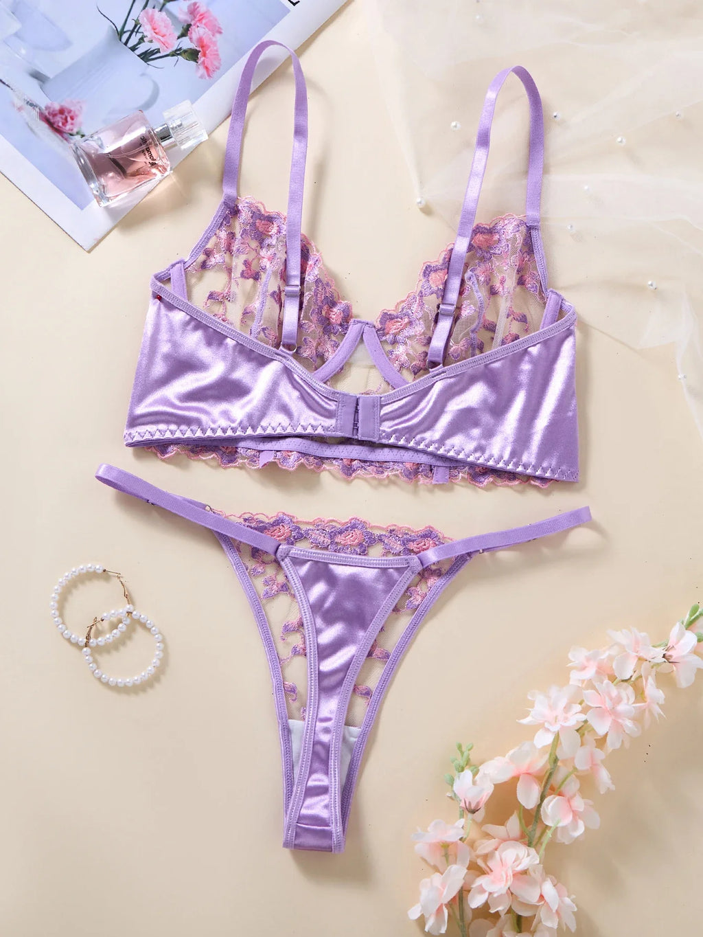 Women Purple Floral Embroidery Lace Lingerie Set Satin Sheer Mesh Bra Thong 2‑Pieces Intimate Underwear ZA825246