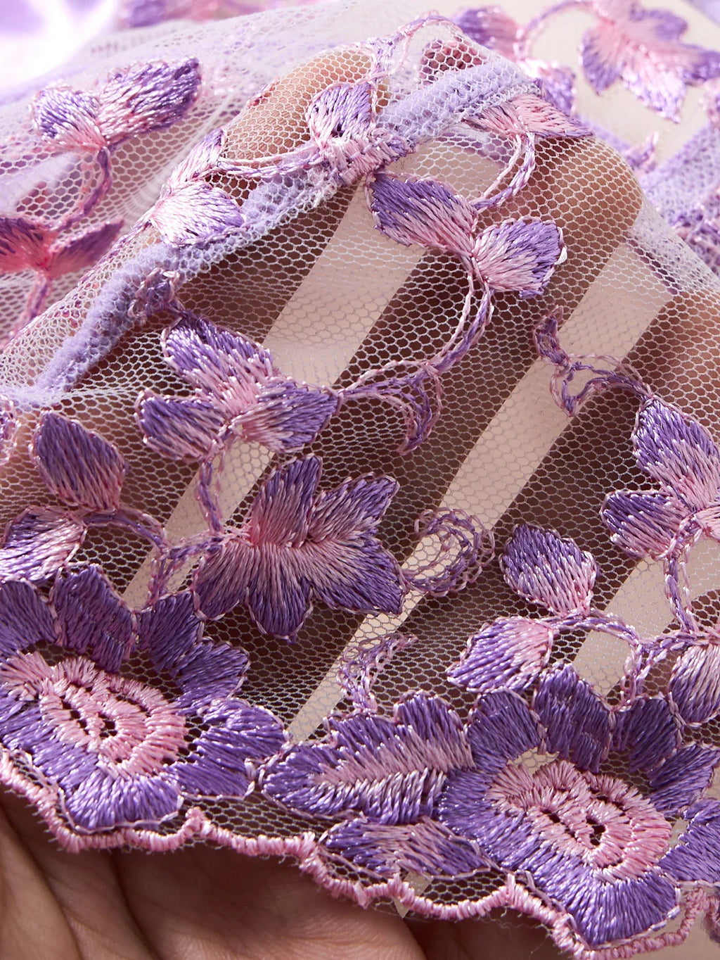 Women Purple Floral Embroidery Lace Lingerie Set Satin Sheer Mesh Bra Thong 2‑Pieces Intimate Underwear ZA825246
