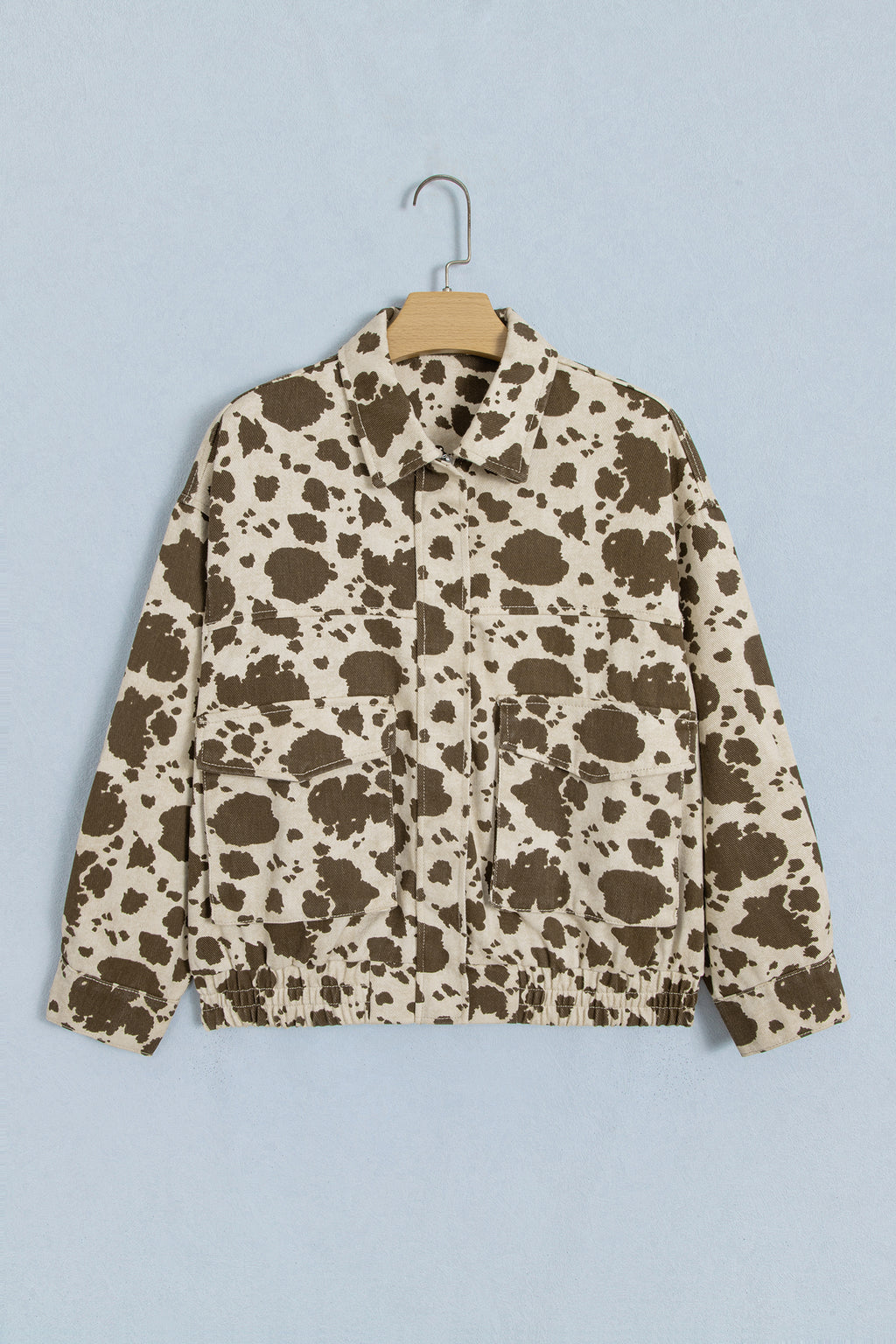 Brown Western Cow Print Cargo Pocket Denim Jacket