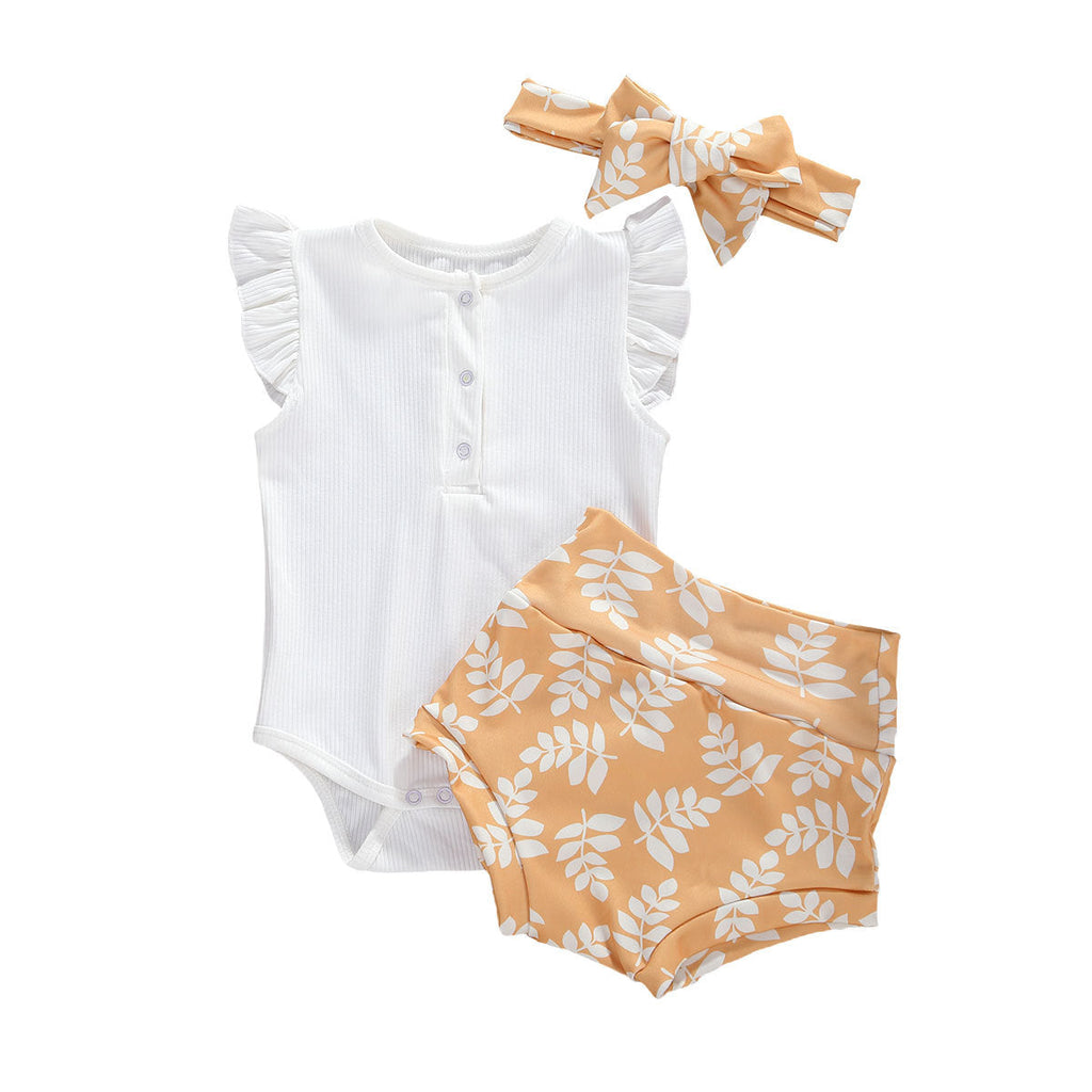 Infant And Toddler Suits Baby Girl Dark Button White Top  Printed Shorts Suit Thre-piece Set