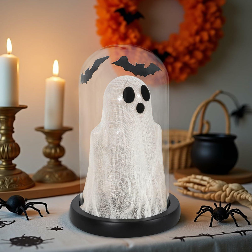 DAZONGE Lighted Ghost in Glass Dome Cloche Halloween Decor Indoor Black White