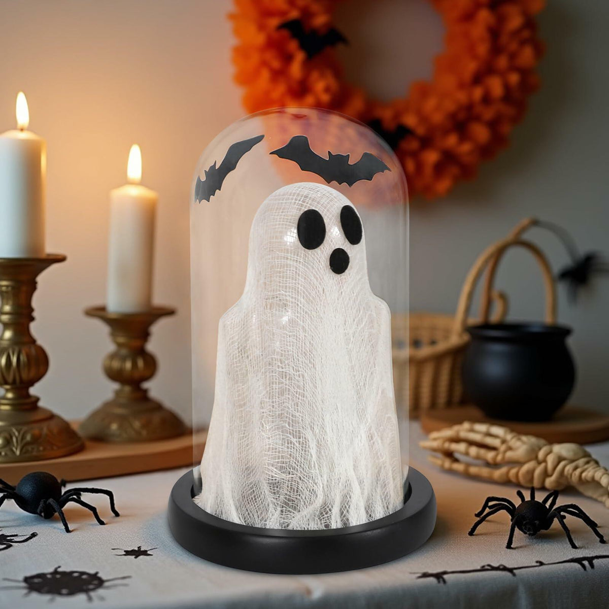 DAZONGE Lighted Ghost in Glass Dome Cloche Halloween Decor Indoor Black White
