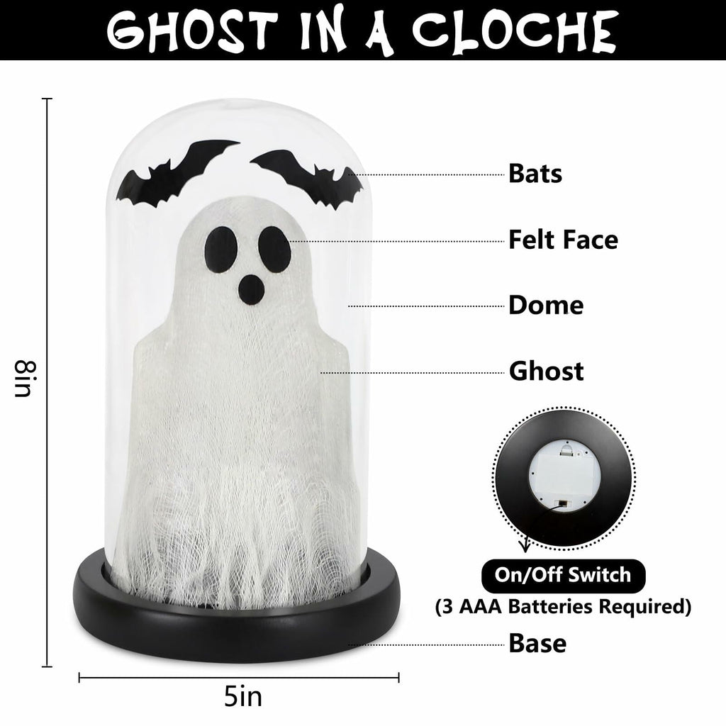 DAZONGE Lighted Ghost in Glass Dome Cloche Halloween Decor Indoor Black White