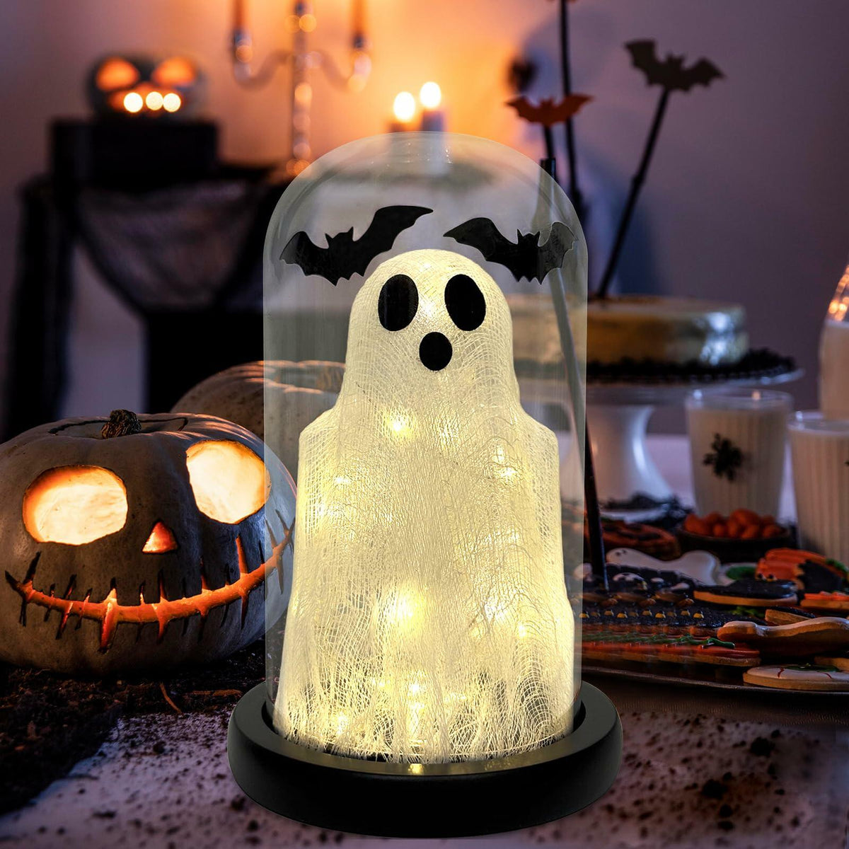 DAZONGE Lighted Ghost in Glass Dome Cloche Halloween Decor Indoor Black White
