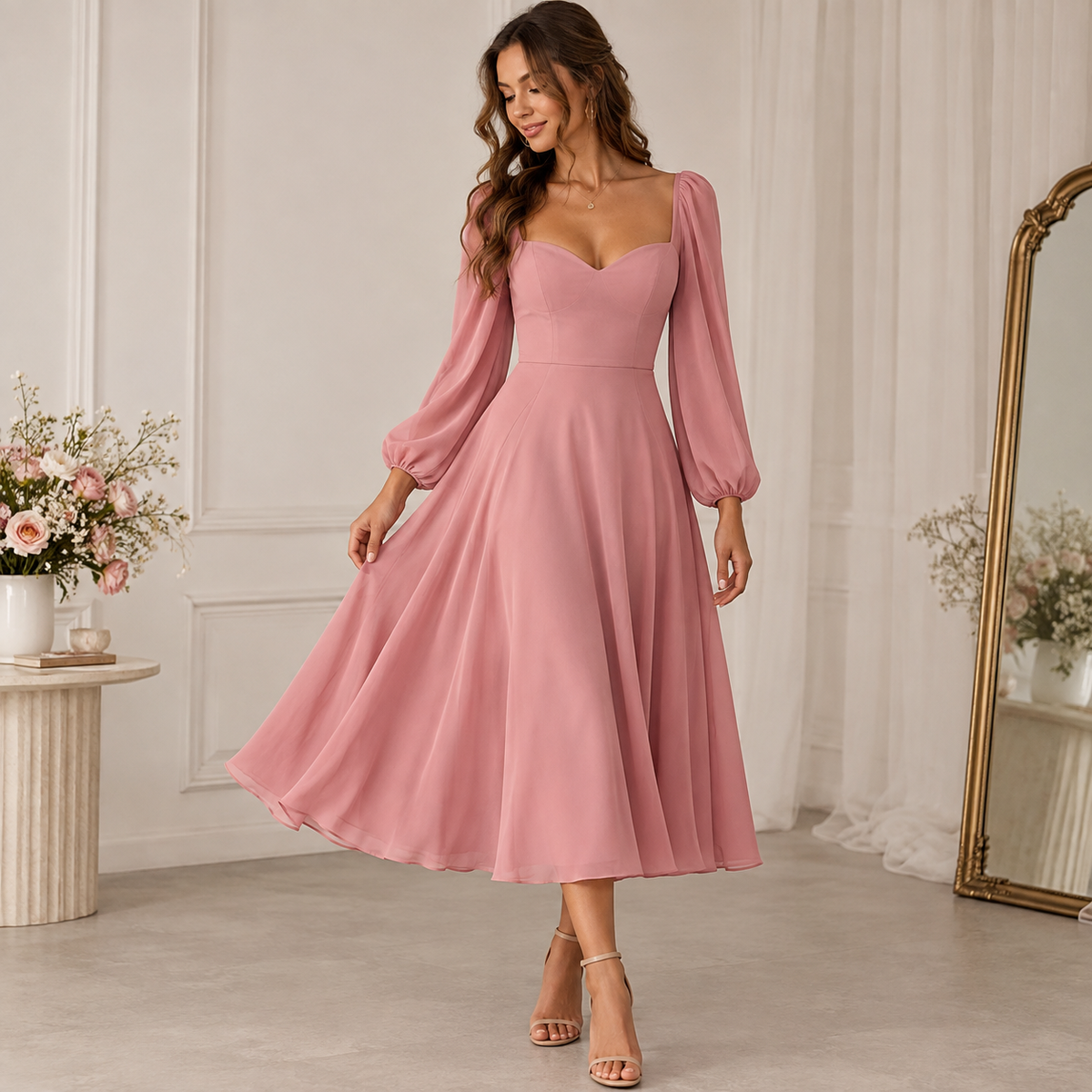 Pink sweetheart neckline long sleeve A-line midi dress