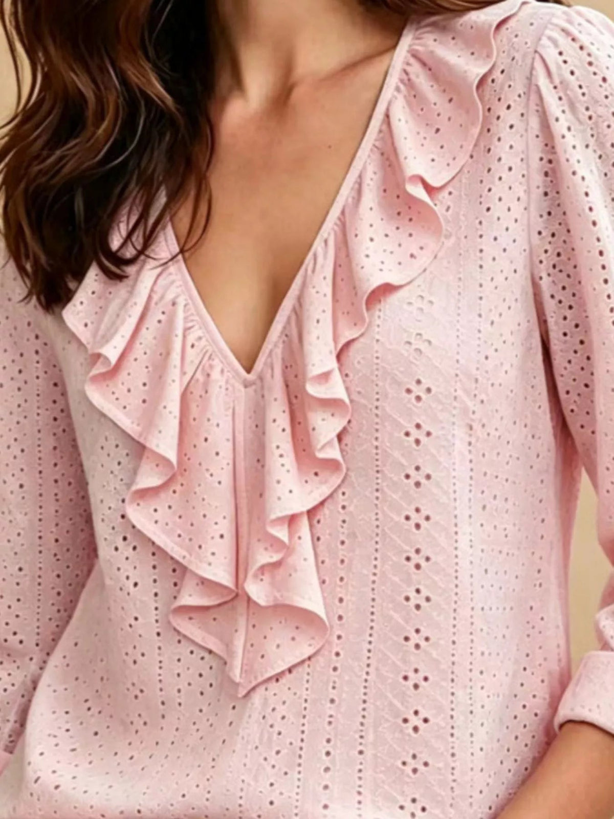 Eyelet Ruffle V-Neck Blouse