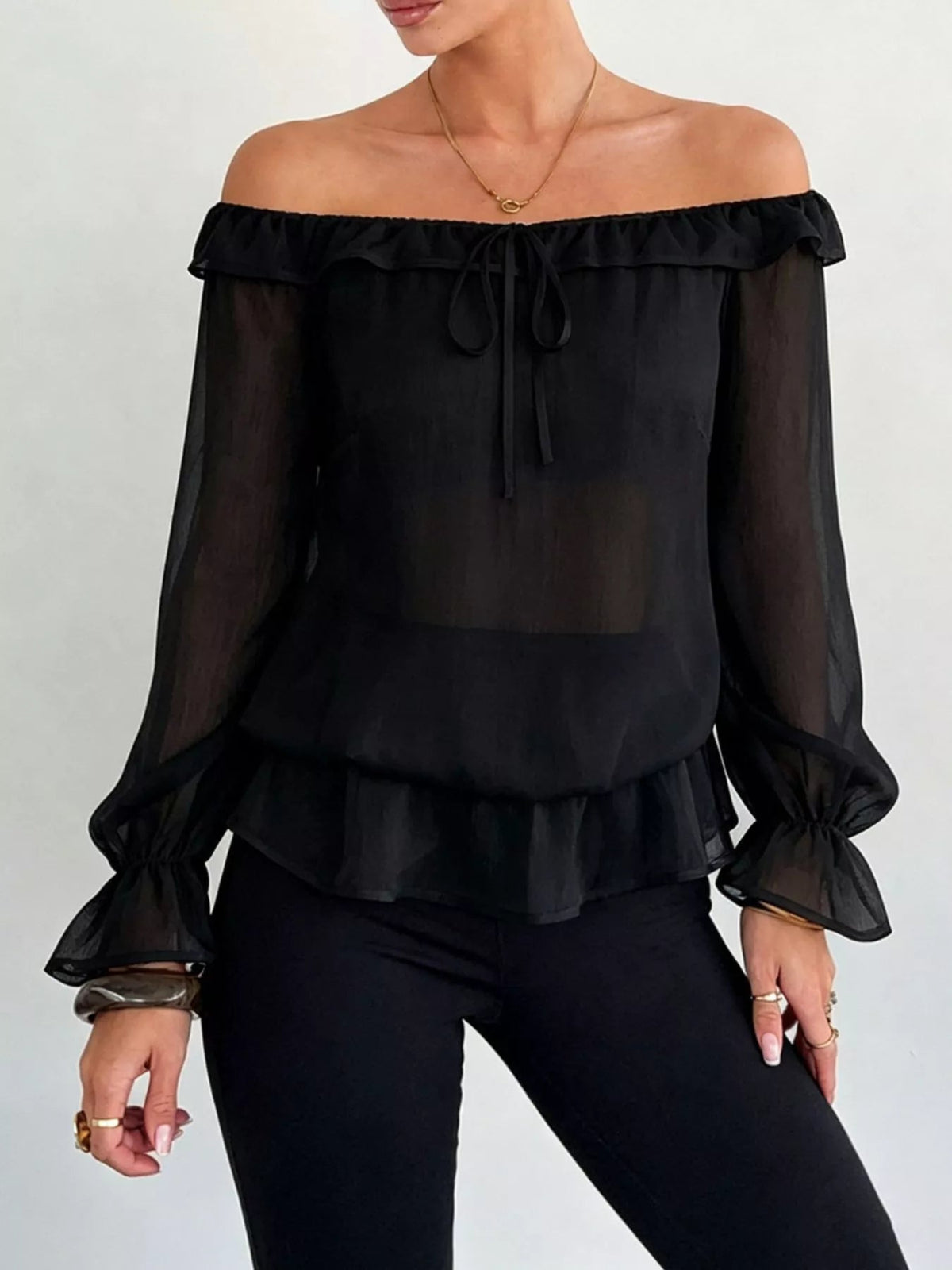 Off-Shoulder Flounce Sleeve Chiffon Blouse