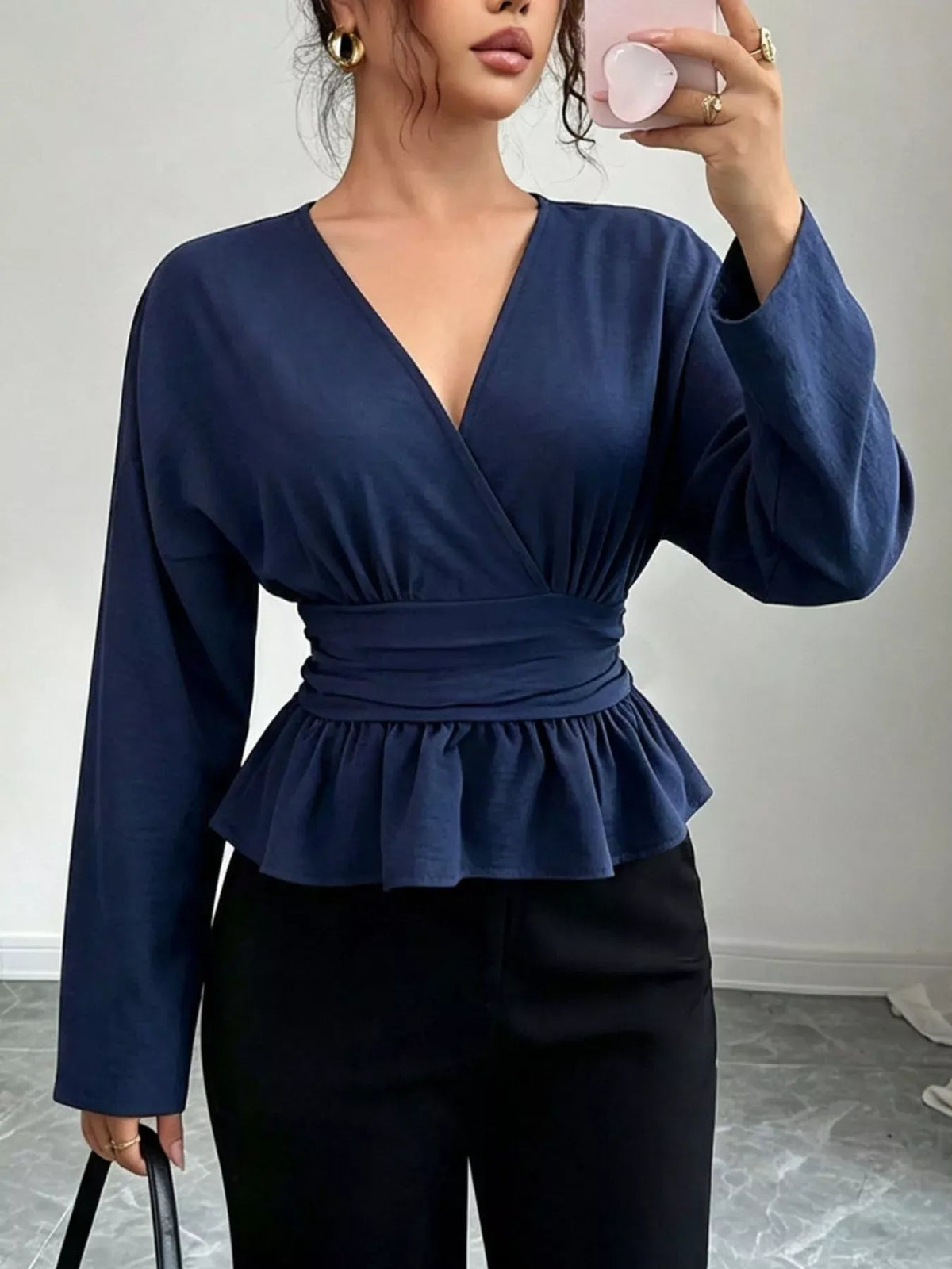 Surplice Long Sleeve Wrap Blouse